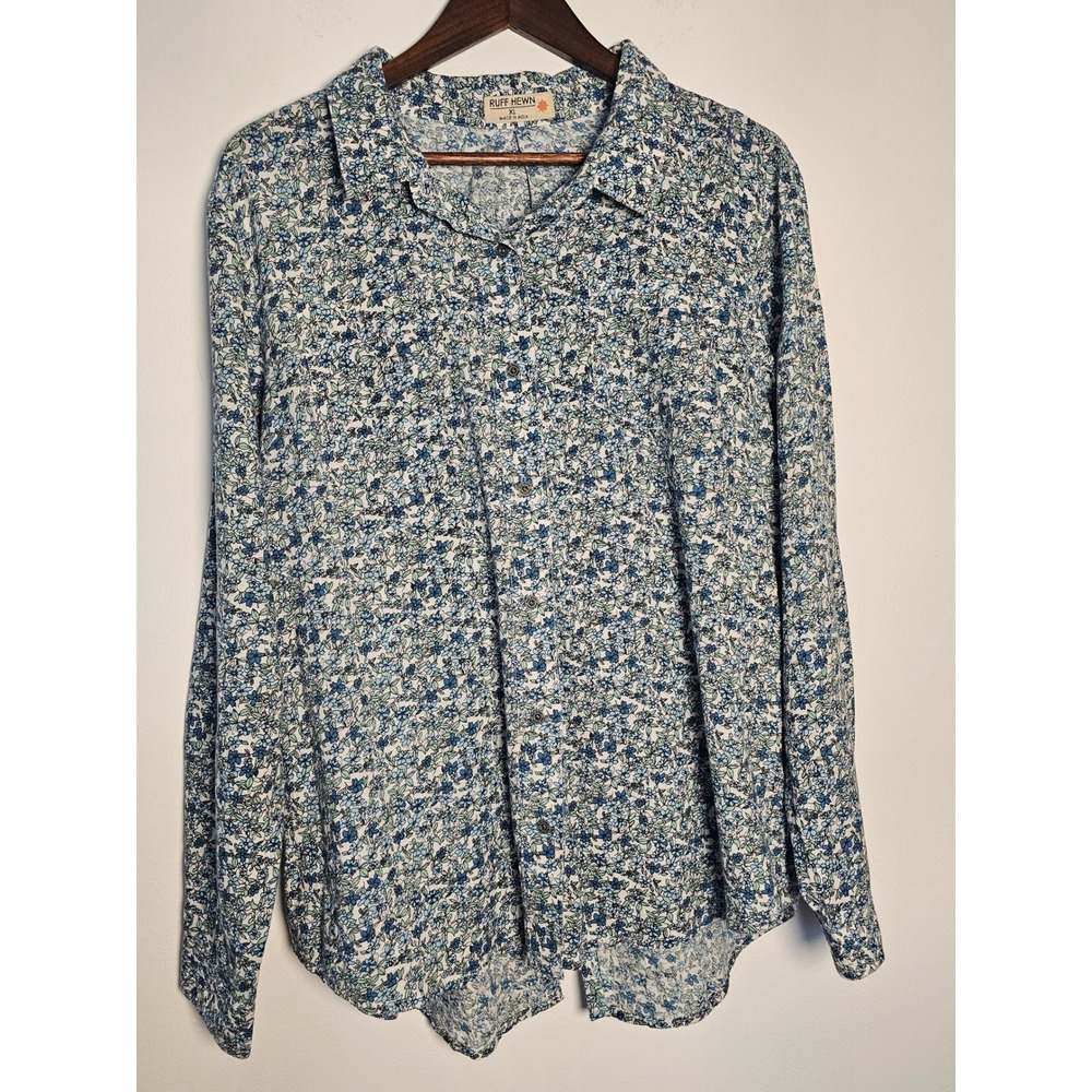 Cottagecore Ruff Hewn Floral Button Down Shirt Women XL Blue Cotton Long Sleeve